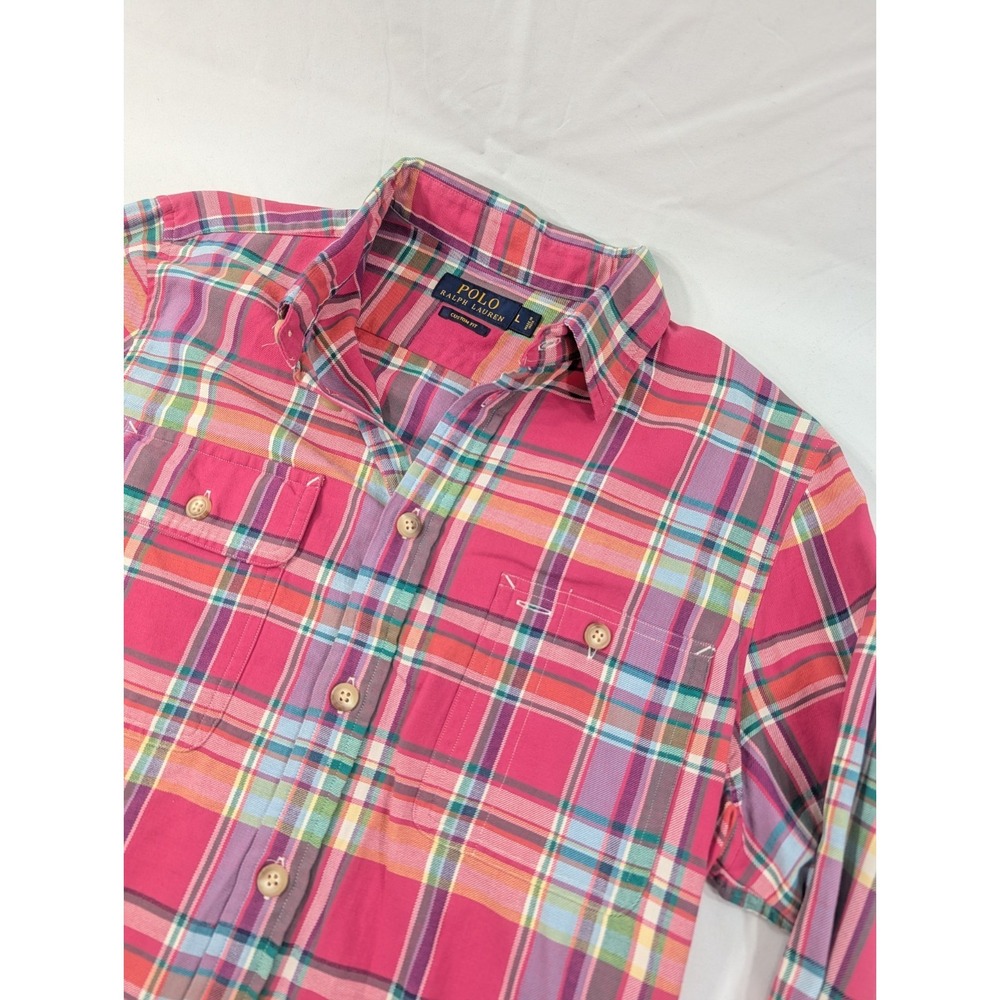 Polo Ralph Lauren Shirt Pink Large Flap Pocket Plaid Custom Fit Button Up Slim
